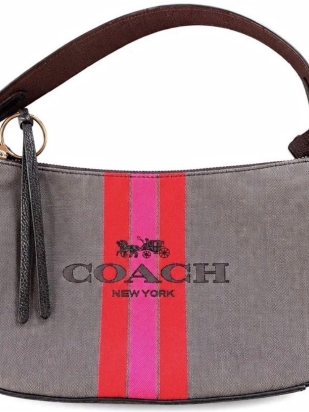 Coach Gray Canvas Shoulder Bag with Pink and Red Stripe